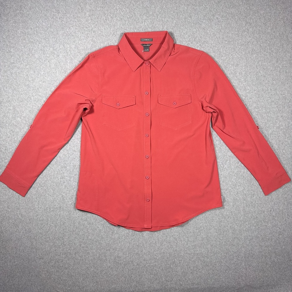 Eddie Bauer Departure Shirt Womens Medium Red Stretch Wicking UPF 50 Hiking New